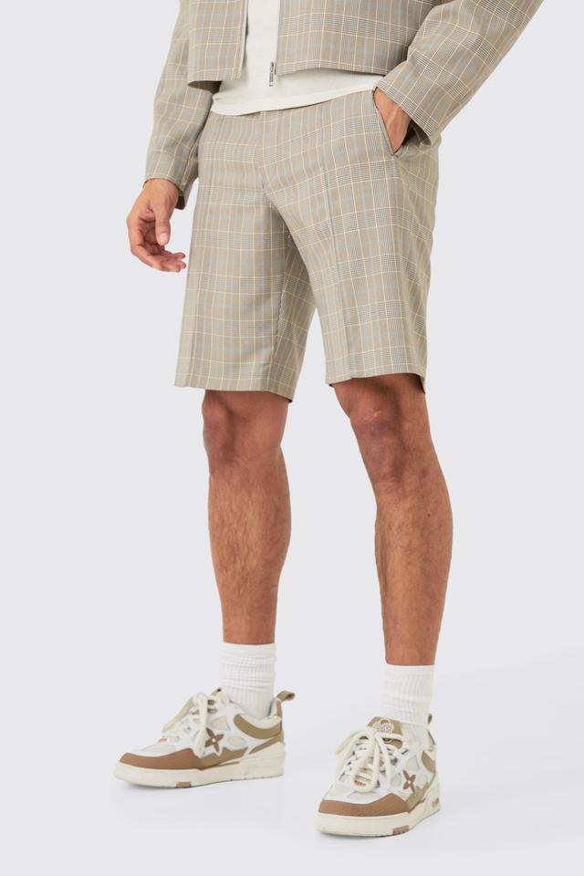 Mens Beige Checked Fixed Waist Tailored Shorts, Beige Product Image