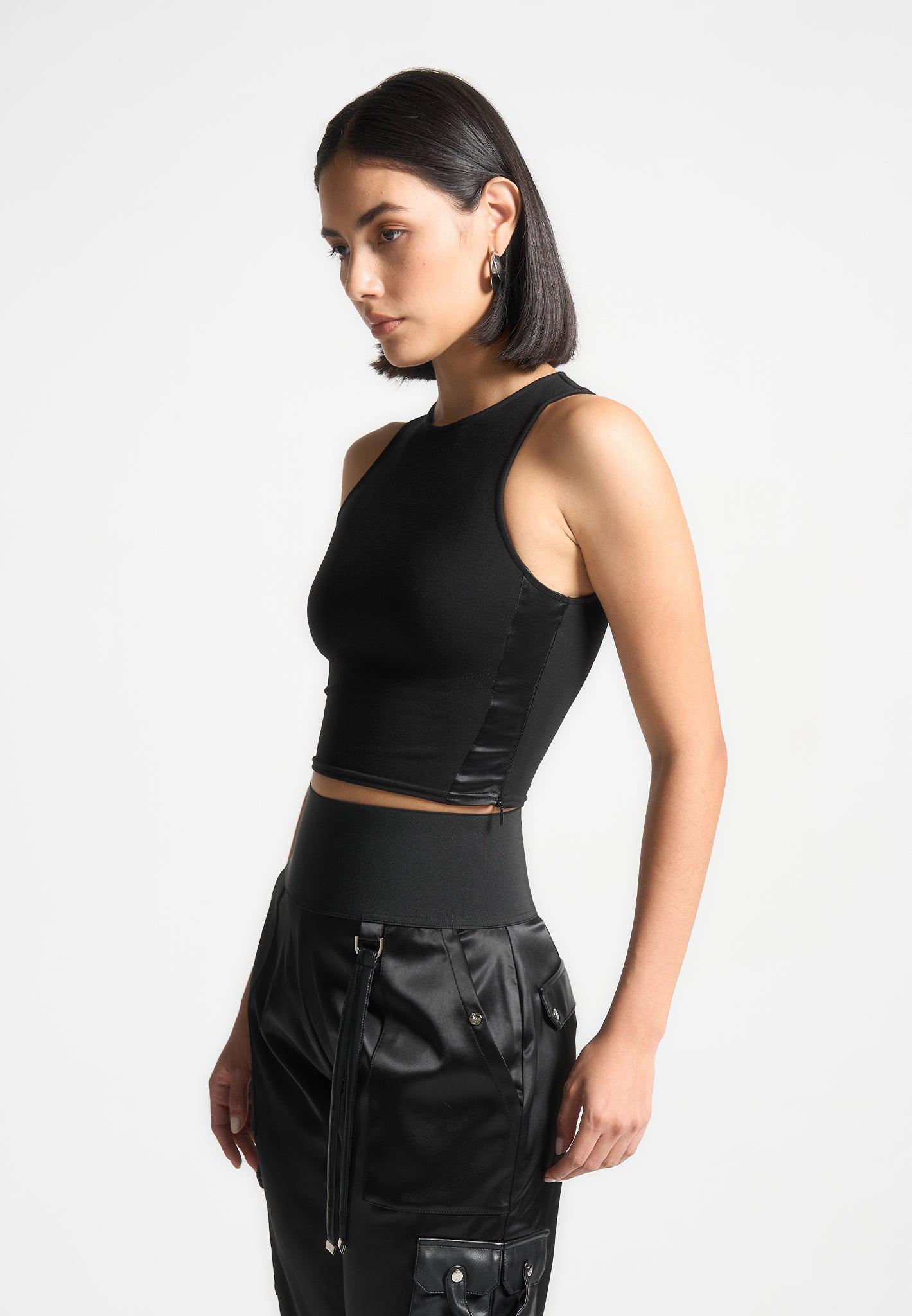 Racer Crop Top with Satin Panels - Black Female Product Image