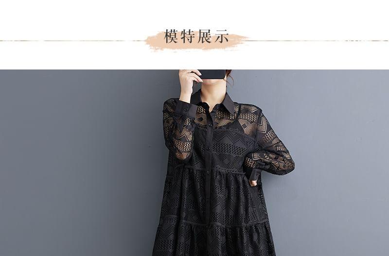 Long-Sleeve Lace Fringed Maxi Shirt Dress Product Image