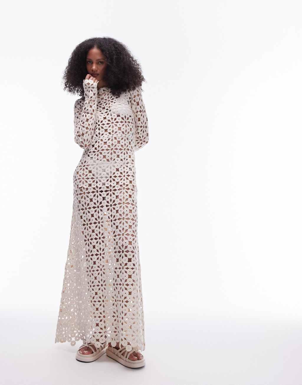 Topshop knit crochet long sleeve maxi dress in cream Product Image