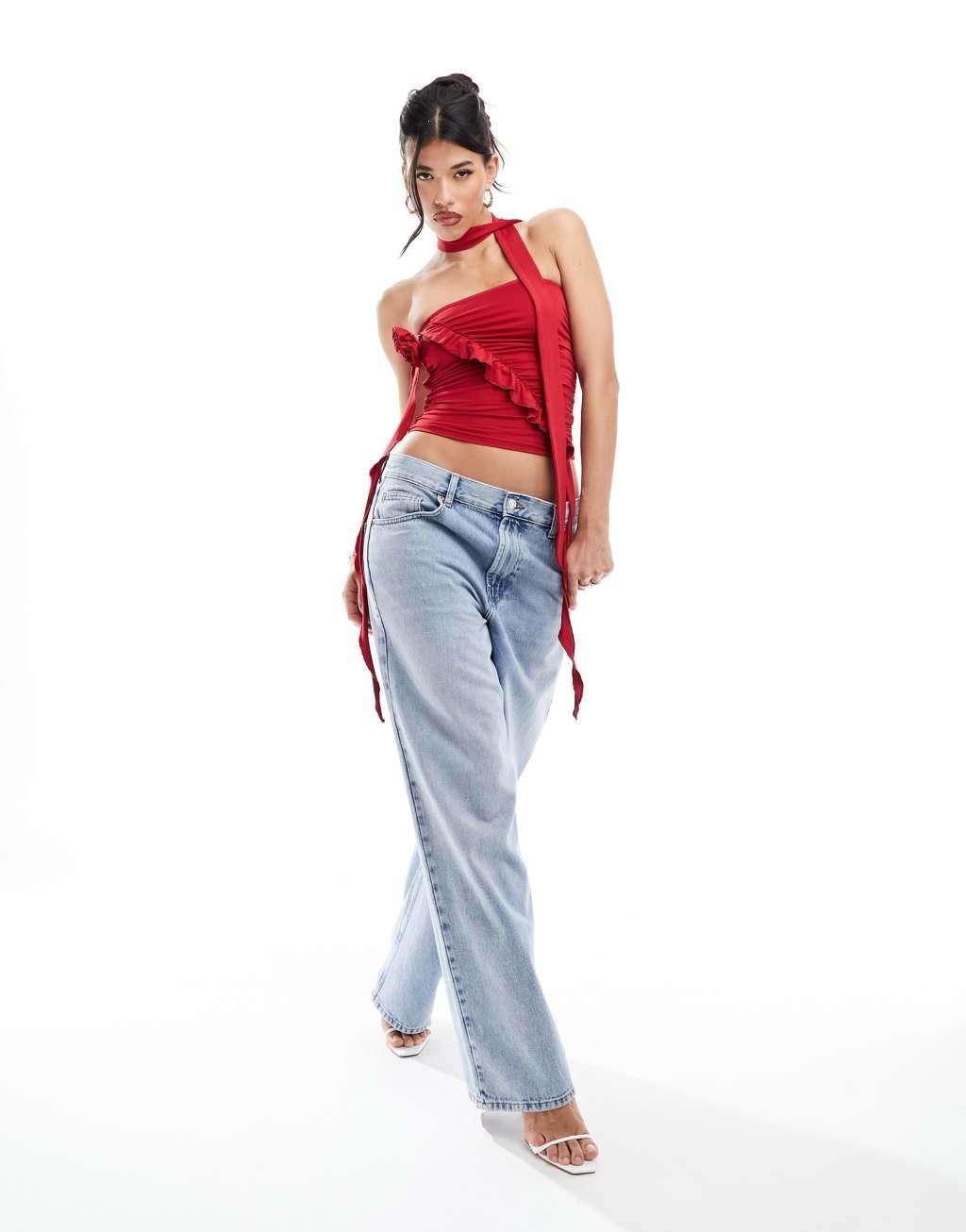 Simmi bandeau corsage top with choker in red Product Image