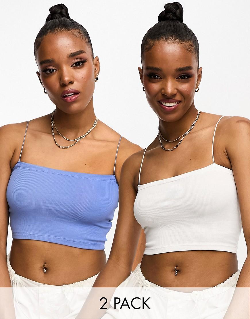 Pull&Bear 2 pack strappy ribbed tube crop top in white & petrol blue Product Image