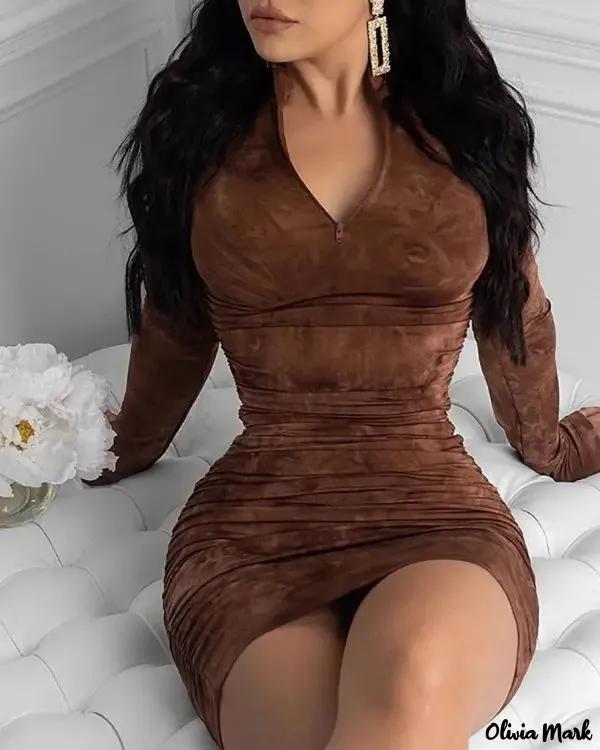 Olivia Mark – Solid Long Sleeve Ruched Bodycon Dress Product Image