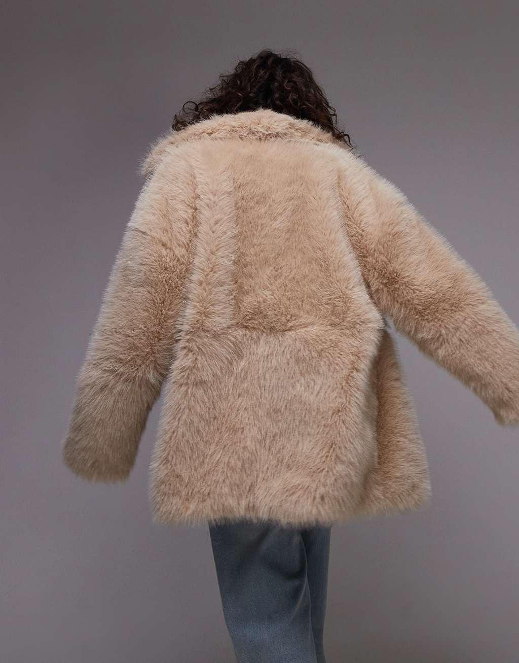 Topshop faux fur funnel midi coat in honey Product Image