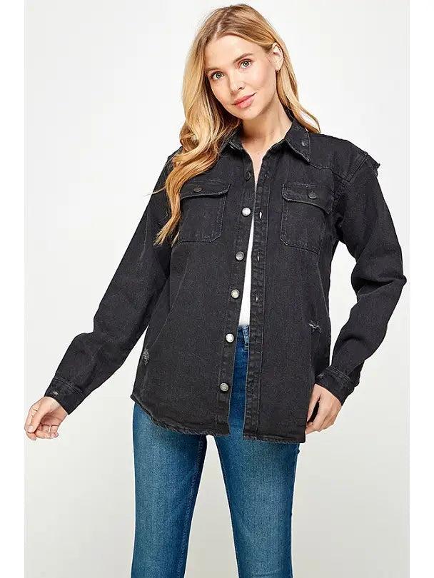 Women's Black Denim Distressed Jacket Female Product Image