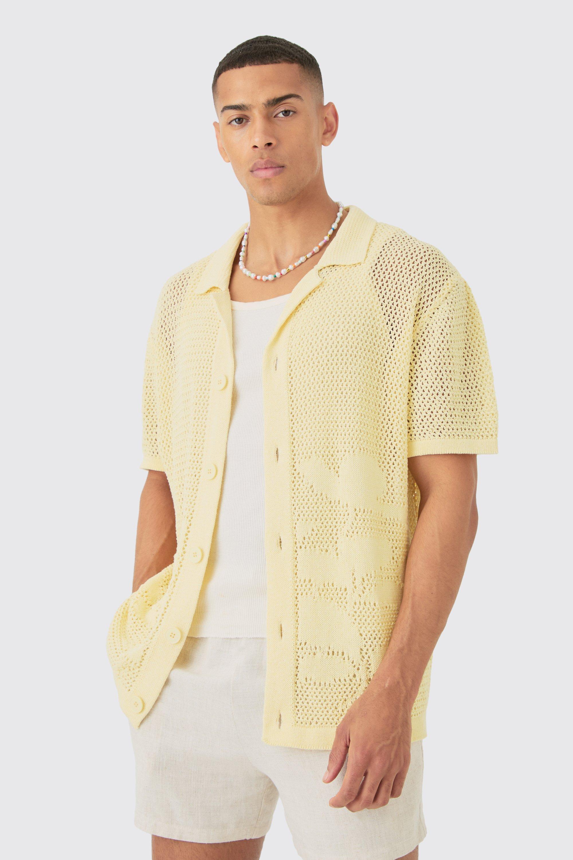 Mens Yellow Boxy Oversized Open Stitch Tonal Floral Intarsia Short Sleeve Knit Shirt, Yellow Product Image