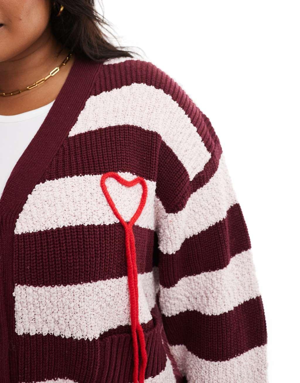 Renee Studio x Holly Wynne exclusive textured longline applique heart cardigan in burgundy stripe Product Image