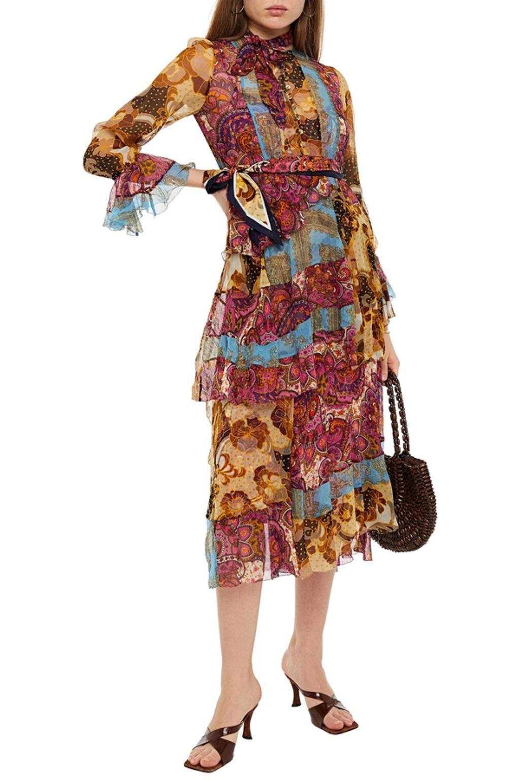 Fiesta Flounce Tiered Tie-neck Printed Silk-crepon Midi Dress In Multicolor Product Image