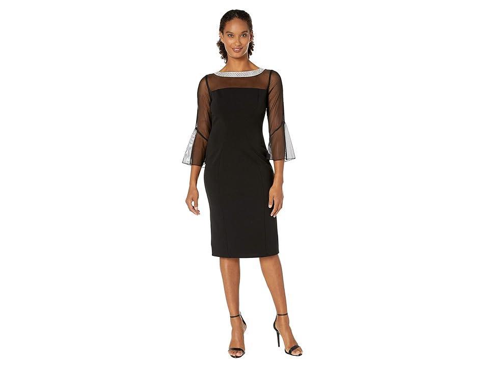 Alex Evenings Short Shift Dress with Beaded Illusion Neckline and Bell Sleeves Women's Dress Product Image