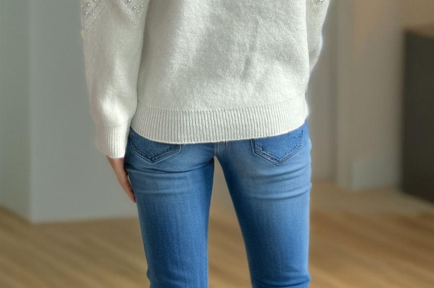 Crew Neck Plain Faux Pearl Accent Sweater Product Image