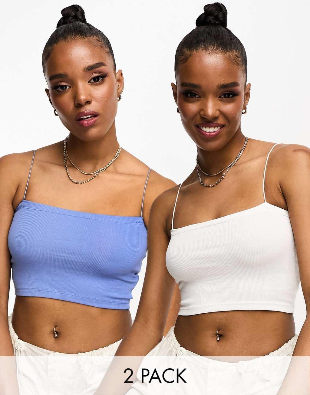 Pull&Bear 2 pack strappy ribbed tube crop top in white & petrol blue Product Image