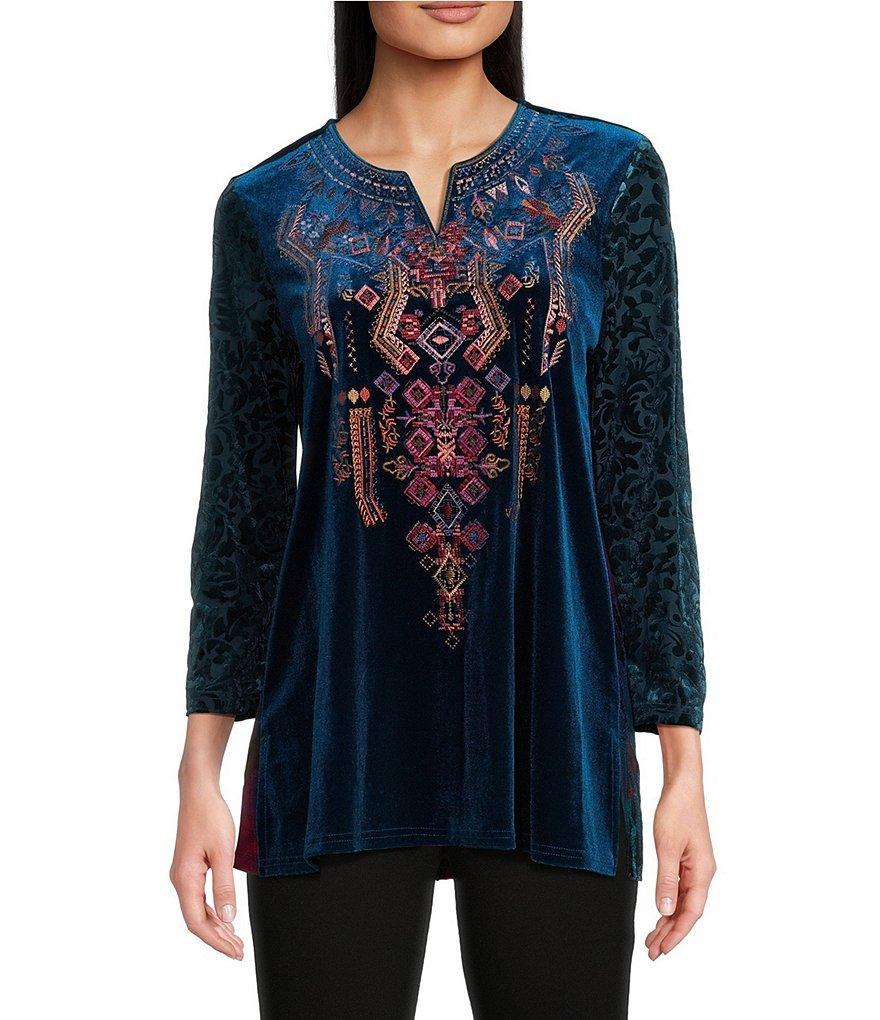 Calessa Velvet Embroidered Split Round Neck 3/4 Sleeve Tunic Product Image