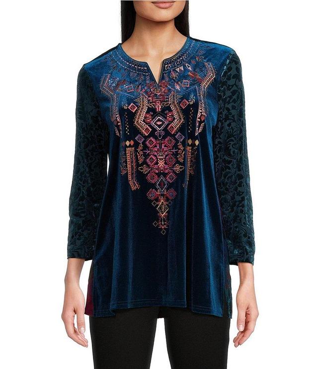 Calessa Velvet Embroidered Split Round Neck 3/4 Sleeve Tunic Product Image