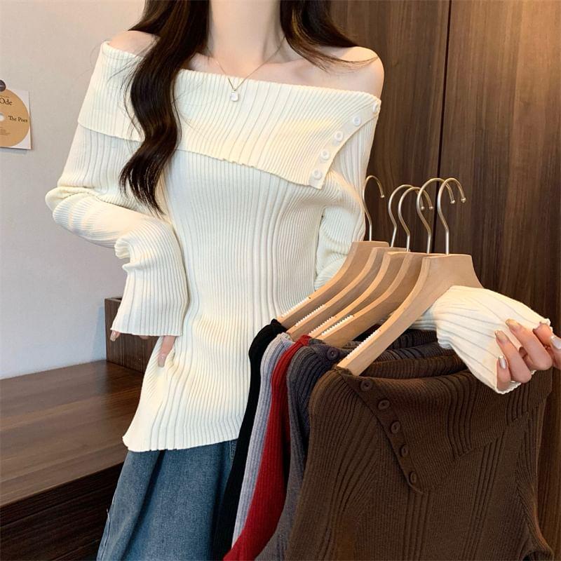 Long-Sleeve Off Shoulder Asymmetrical Plain Knit Top Product Image