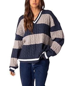 EDIKTED Romie Cable Knit V-Neck Sweater Product Image