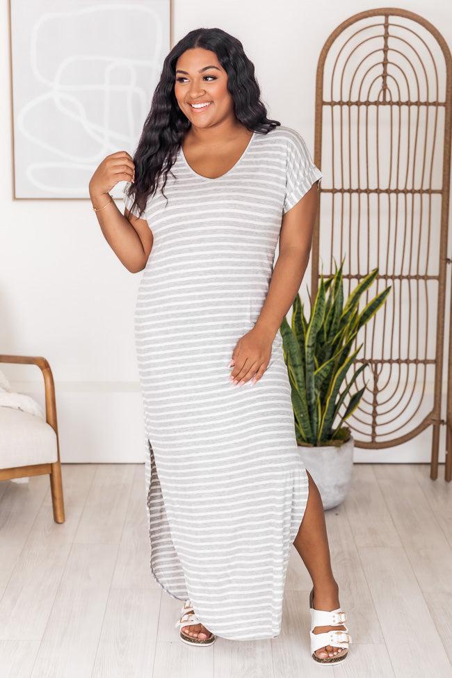 Set Yourself Free Grey/White Striped Maxi T-Shirt Dress Product Image