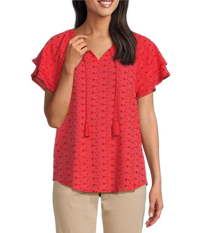 Allison Daley Petite Size Short Flutter Sleeve Tie Neck Embroidered Blouse Product Image