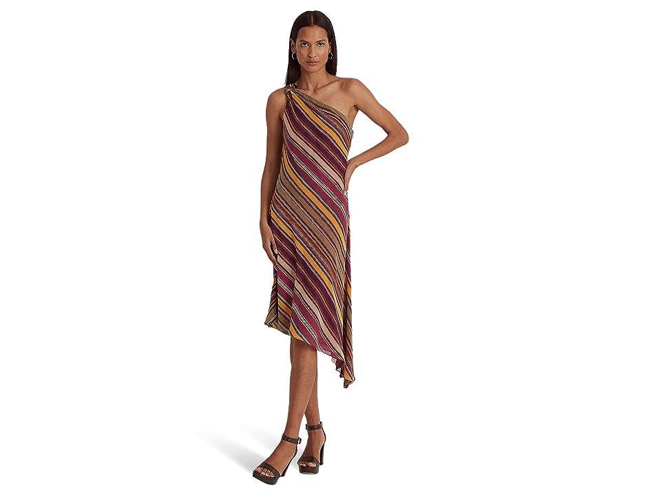 LAUREN Ralph Lauren Striped Georgette One-Shoulder Dress (Fuchsia/Cream/Multi) Women's Dress Product Image