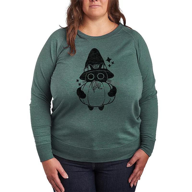 Plus Size Witch Cat With Pumpkin Pullover, Womens Grey Green Product Image