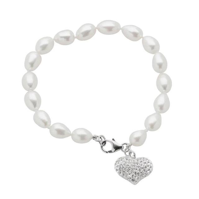 Sterling Silver Freshwater Cultured Pearl and Crystal Heart Charm Bracelet, Womens White Product Image