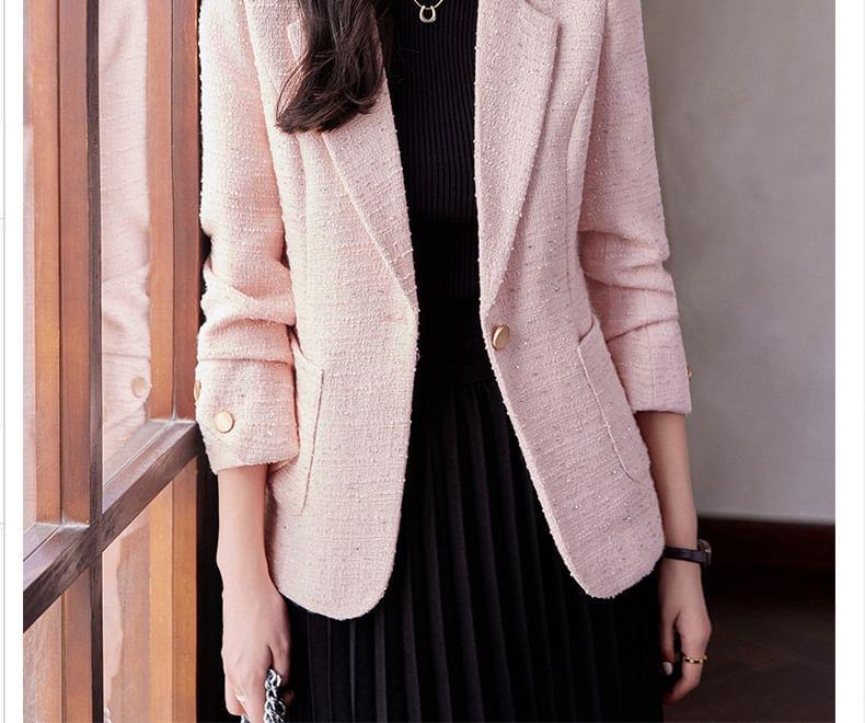 Lapel Collar Plain Tweed Single Button Blazer Product Image