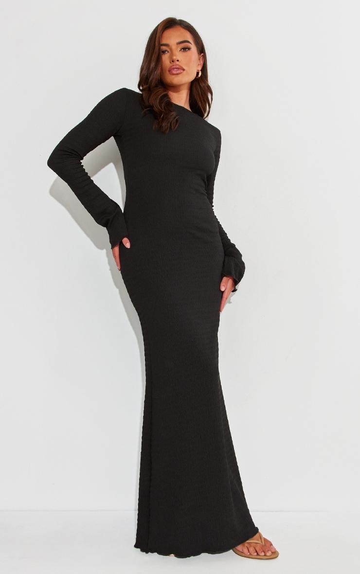 Black Crinkle Textured Lettuce Hem Long Sleeve Maxi Dress product image