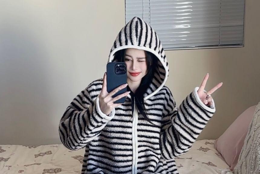 Striped Hooded Fleece Zip Robe Product Image