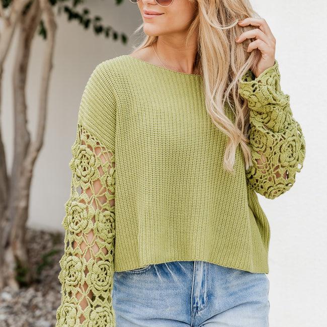 Always My Favorite Green Crochet Sleeve Sweater FINAL SALE Product Image