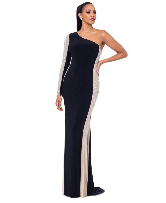 Xscape Womens Embellished One-Shoulder Gown - Black/Nude Product Image