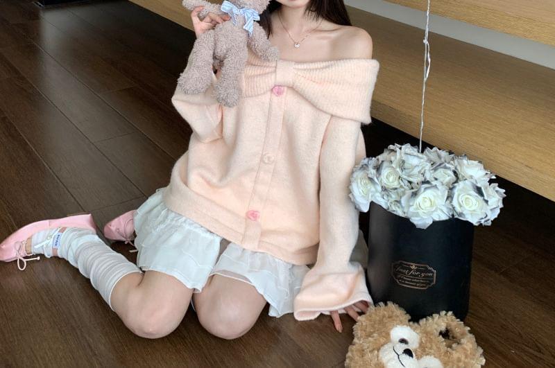 Off-Shoulder Plain Bow Sweater Product Image