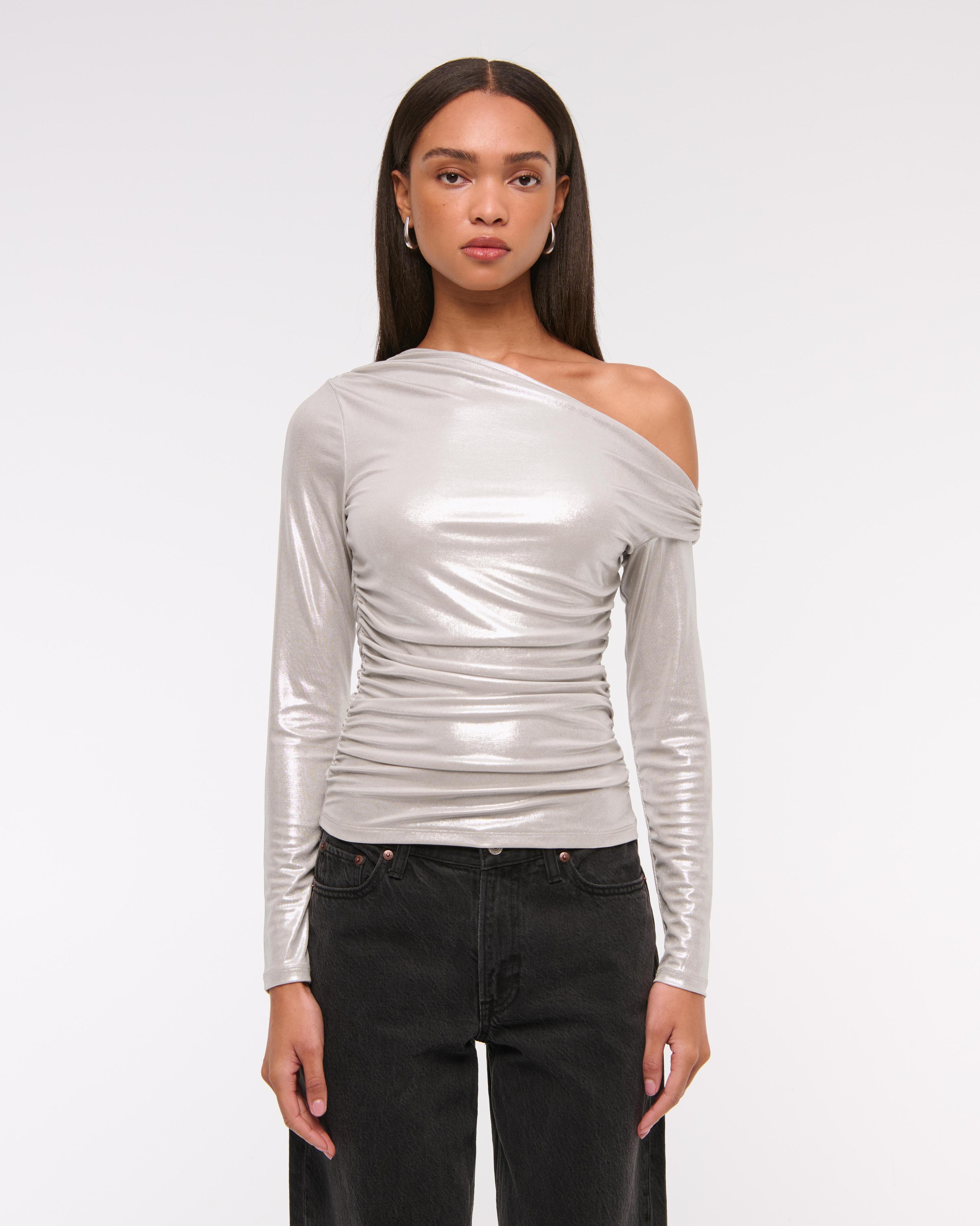 Long-Sleeve Off-The-Shoulder Draped Top Product Image