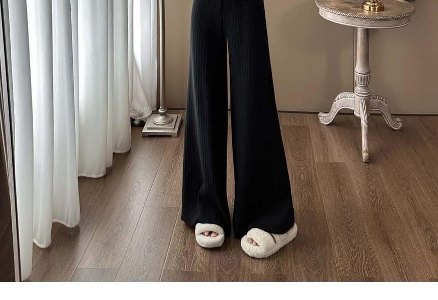 Set: V-Neck Plain Button-Up Slit Cardigan + High Rise Knit Wide Leg Pants Product Image