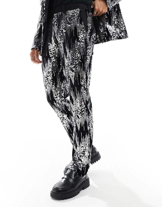 ASOS DESIGN slim scattered sequin suit pants in silver Product Image