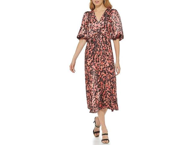 DKNY 3/4 Sleeve Printed Satin Maxi Dress (Persimmon Multi) Women's Clothing Product Image