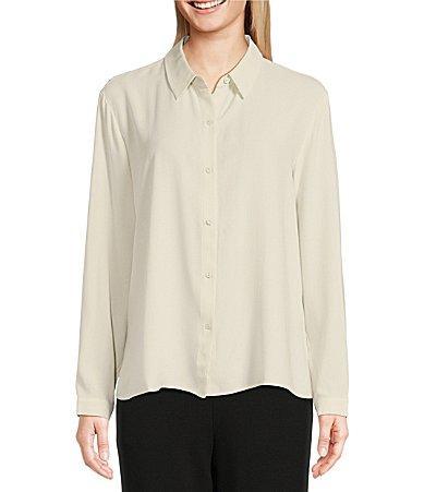 Eileen Fisher Silk Georgette Crepe Point Collar Long Sleeve Button Product Image