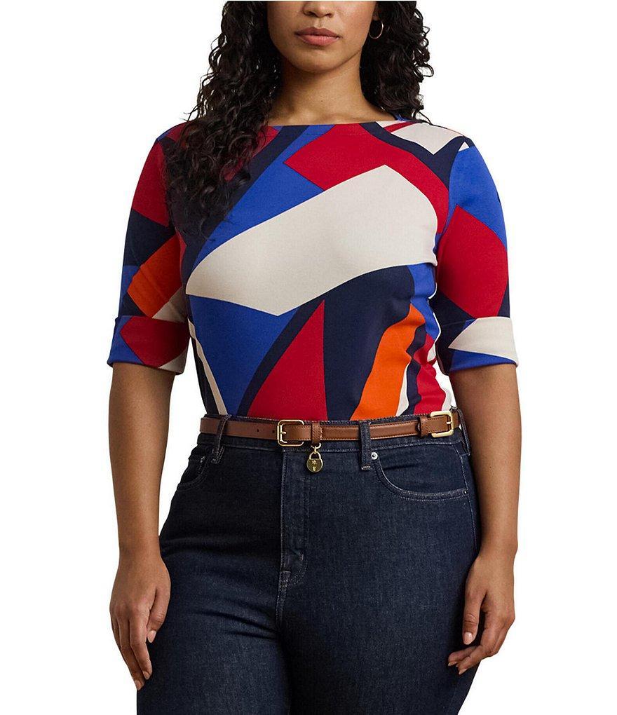 Lauren Ralph Lauren Plus Size Stretch Cotton Abstract Print Boat Neck Elbow Length Sleeve Tee Top Product Image