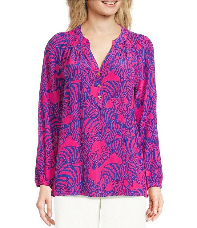 Lilly Pulitzer Elsa Top Silk Zebra Print V-Neck Bracelet Sleeve Smocked Blouse Product Image