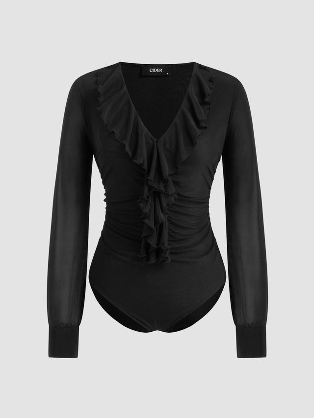 V-neck Solid Ruffle Hem Ruched Long Sleeve Bodysuit Product Image