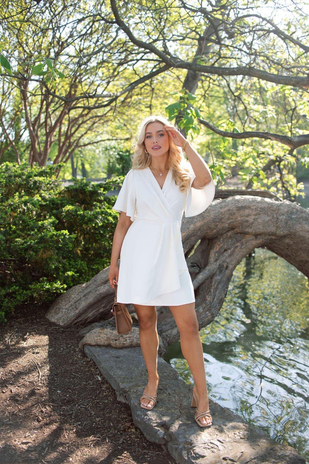 White Short Sleeve Wrapped Mini Dress - FINAL SALE Product Image