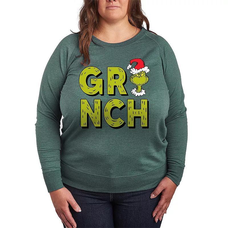 Plus Size Dr. Seuss Grinch Fur Letters Lightweight French Terry Sweatshirt, Womens Product Image