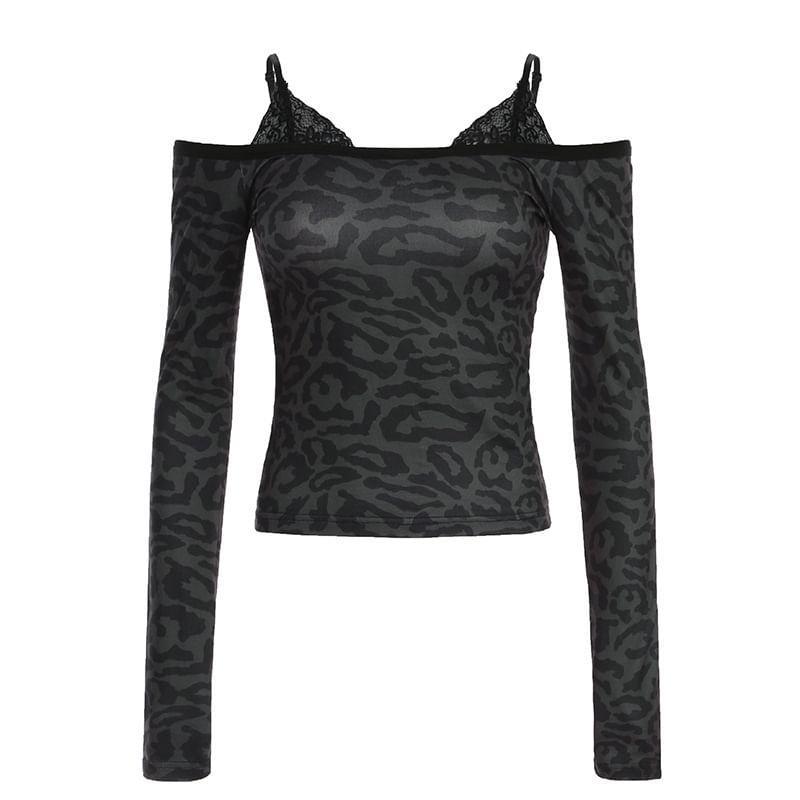 Long-Sleeve Cold Shoulder Leopard Mock Two Piece Tee Product Image