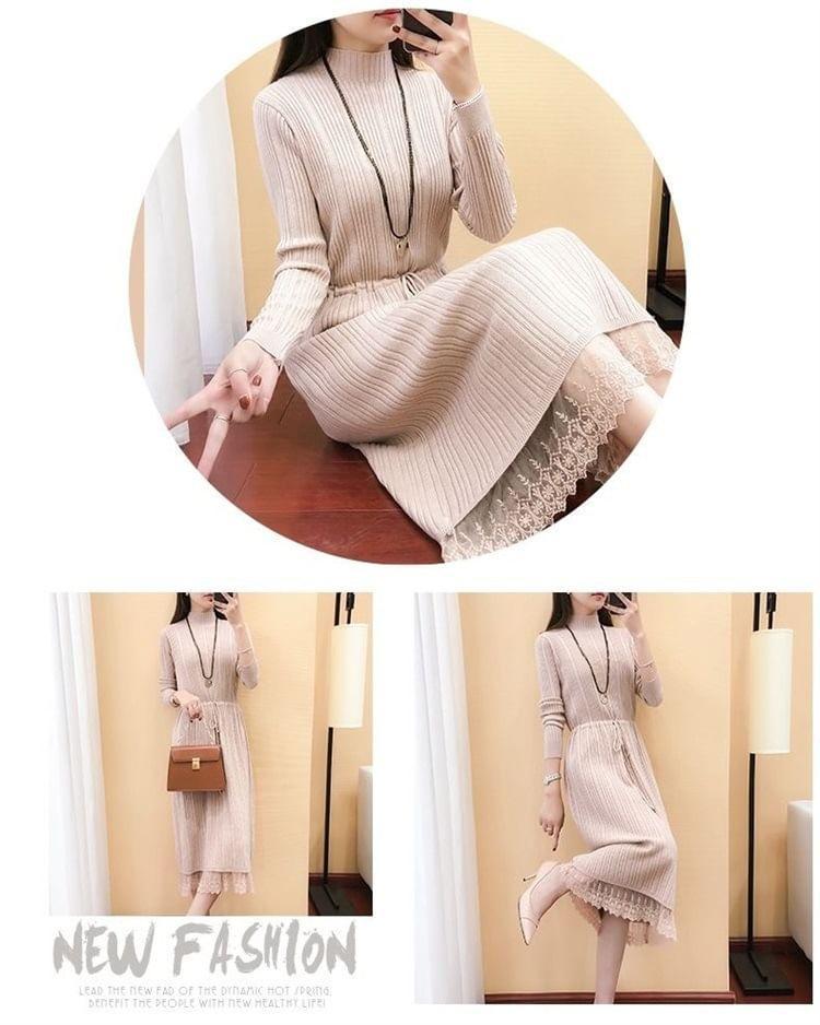 Long-Sleeve Mock Neck Plain Lace Panel Drawstring Waist Midi A-Line Knit Dress Product Image