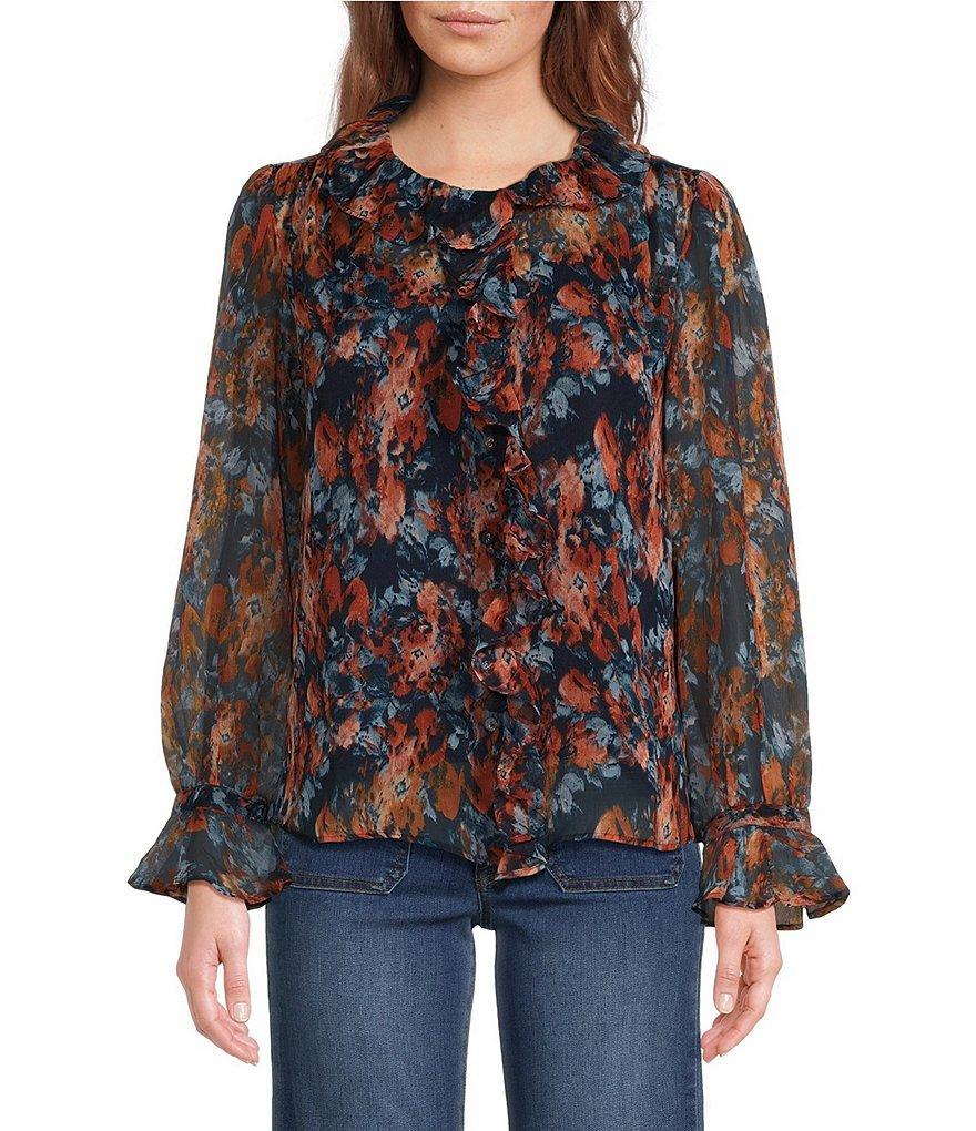 Sam Edelman Ruffle Crew Neck Long Sleeve Button Down Blouse Product Image