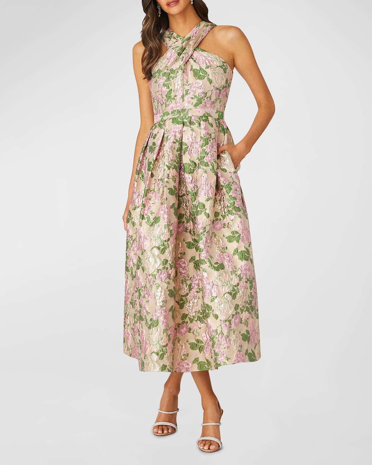 Ivanna Pleated Floral Jacquard Midi Dress Product Image