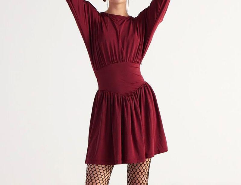 Long-Sleeve Crew Neck Plain Ruched Mini A-Line Dress Product Image