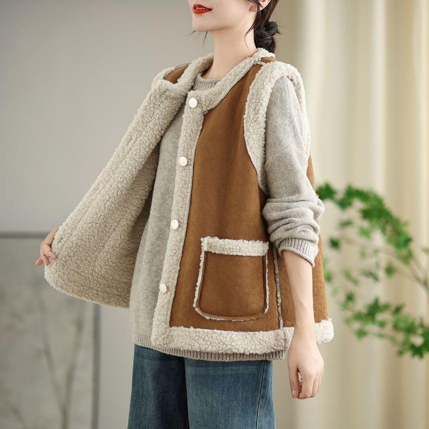 Sleeveless Round Neck Fleece Trim Button Down Vest Product Image