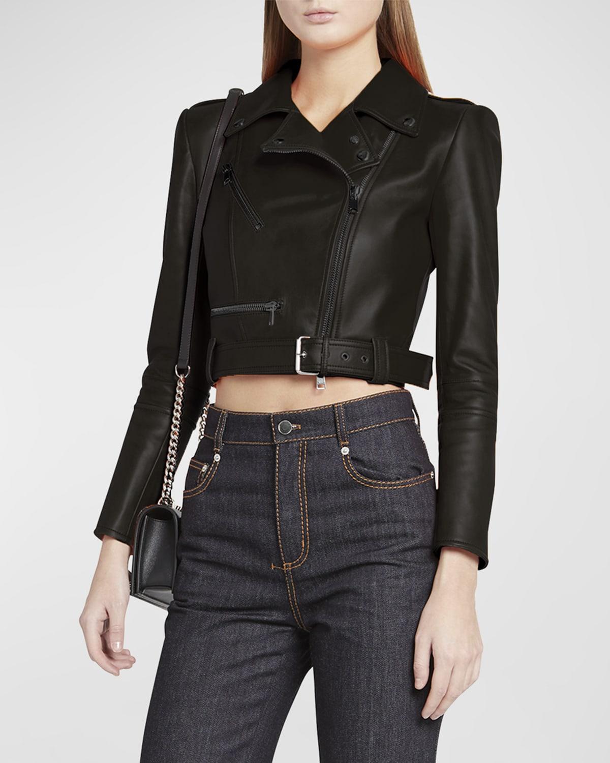 Womens Leather Crop Biker Jacket Product Image