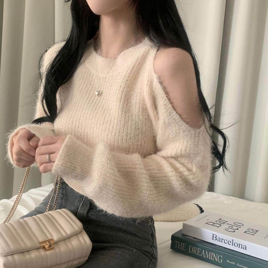 Cold Shoulder Plain Ribbed Knit Oversized Sweater Product Image