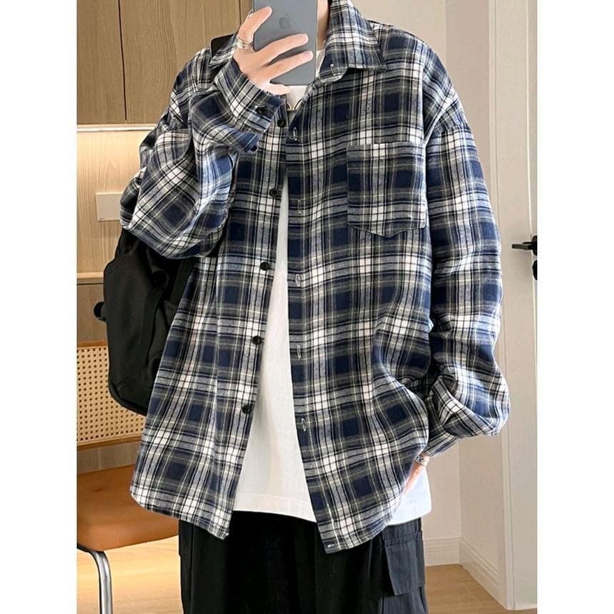 Long-Sleeve Pocketed Plaid Shirt Product Image