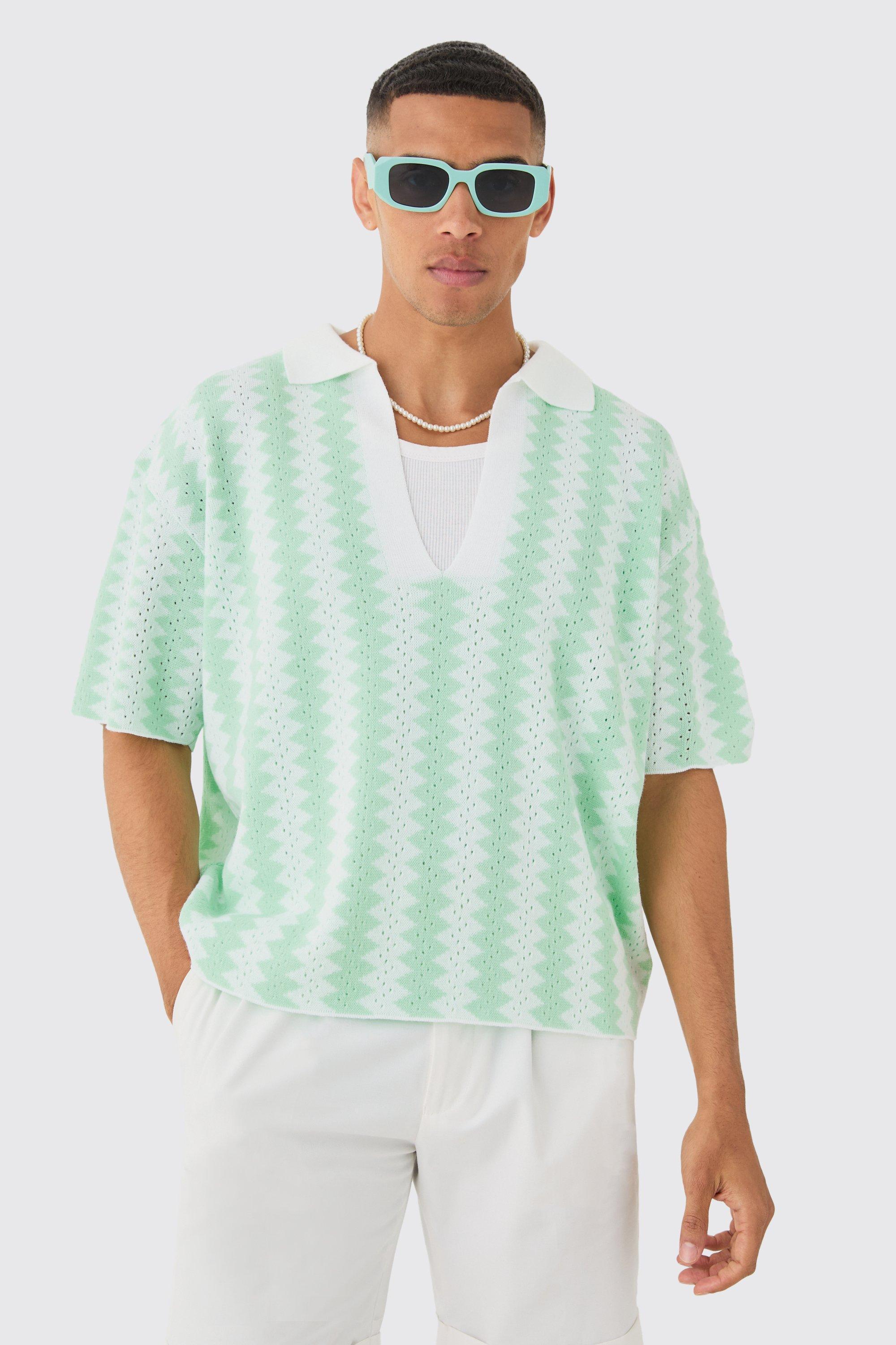 Oversized Boxy Drop Revere Open Stitch Stripe Polo In White | boohooMAN USA Product Image